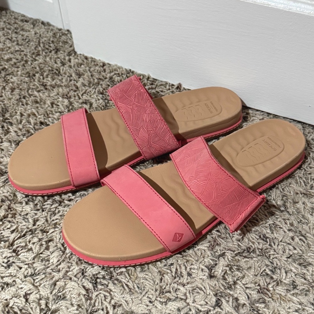 Sperry Plushwave Women 12M Bright Pink Leather Two Strap Slide Sandals STS88635
